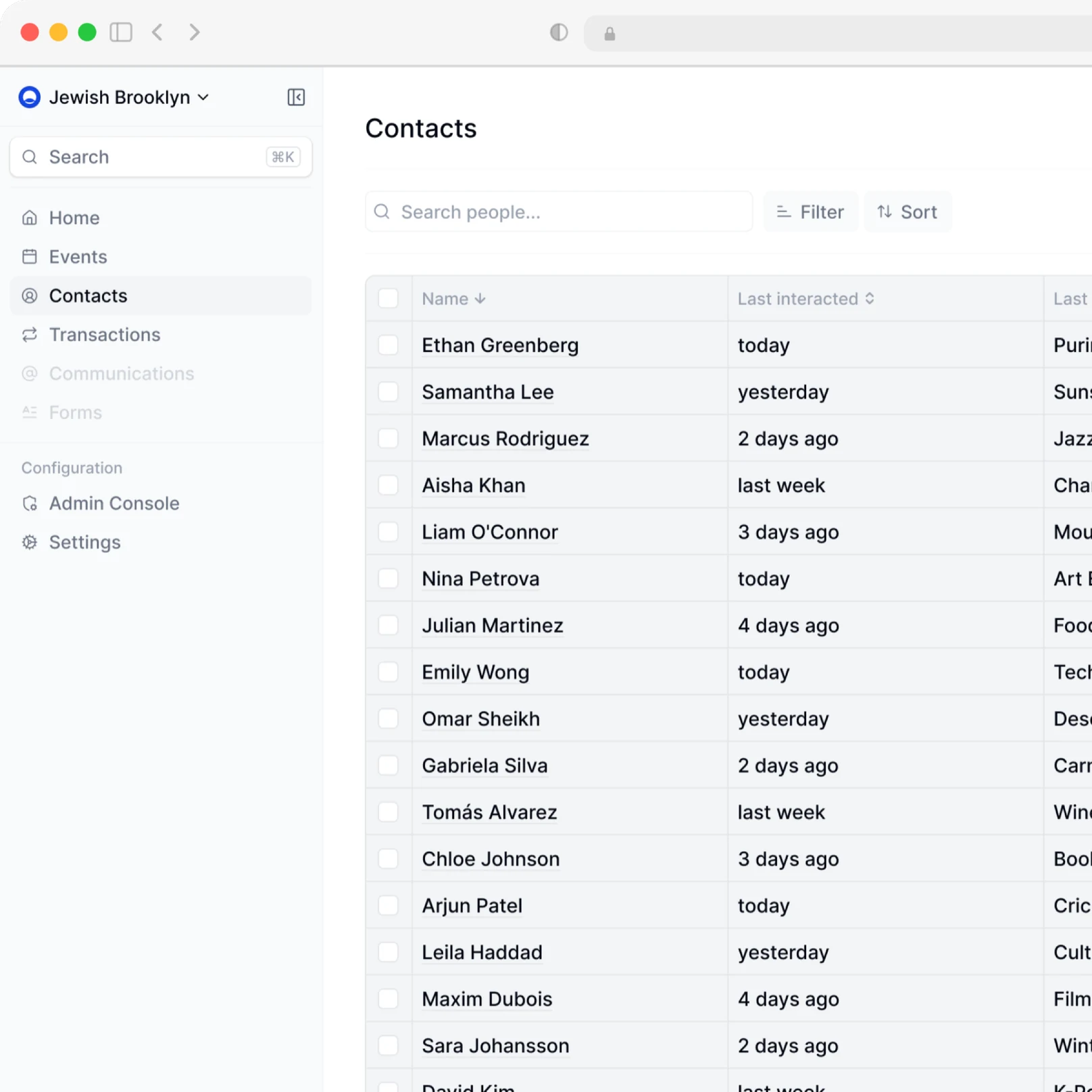 The Ovante Contacts list for an organization, with a search field and a sortable table of people.